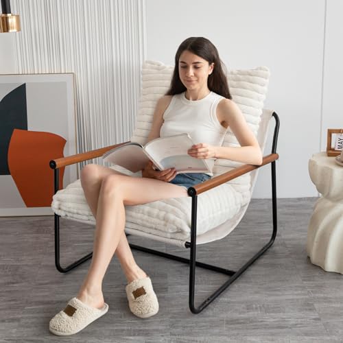 Sherpa Boucle Accent Chair with Wooden Arms B45547