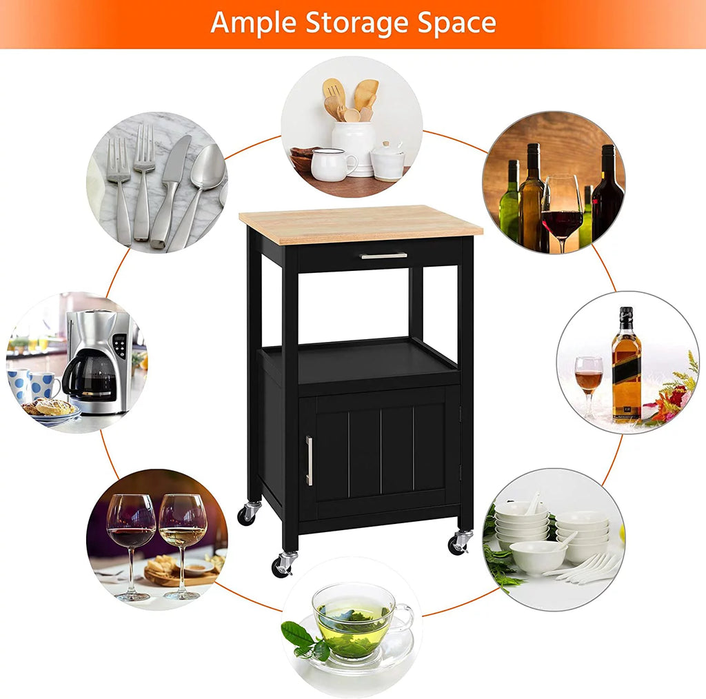 Black Kitchen Island on Wheels with Wood Top and Drawer D462995