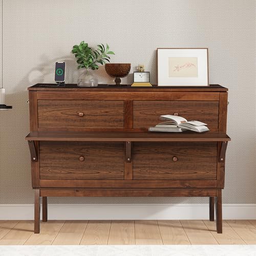 Full Size Murphy Cabinet Bed with USB Port and Removable Shelves, Solid Pine Wood P8540