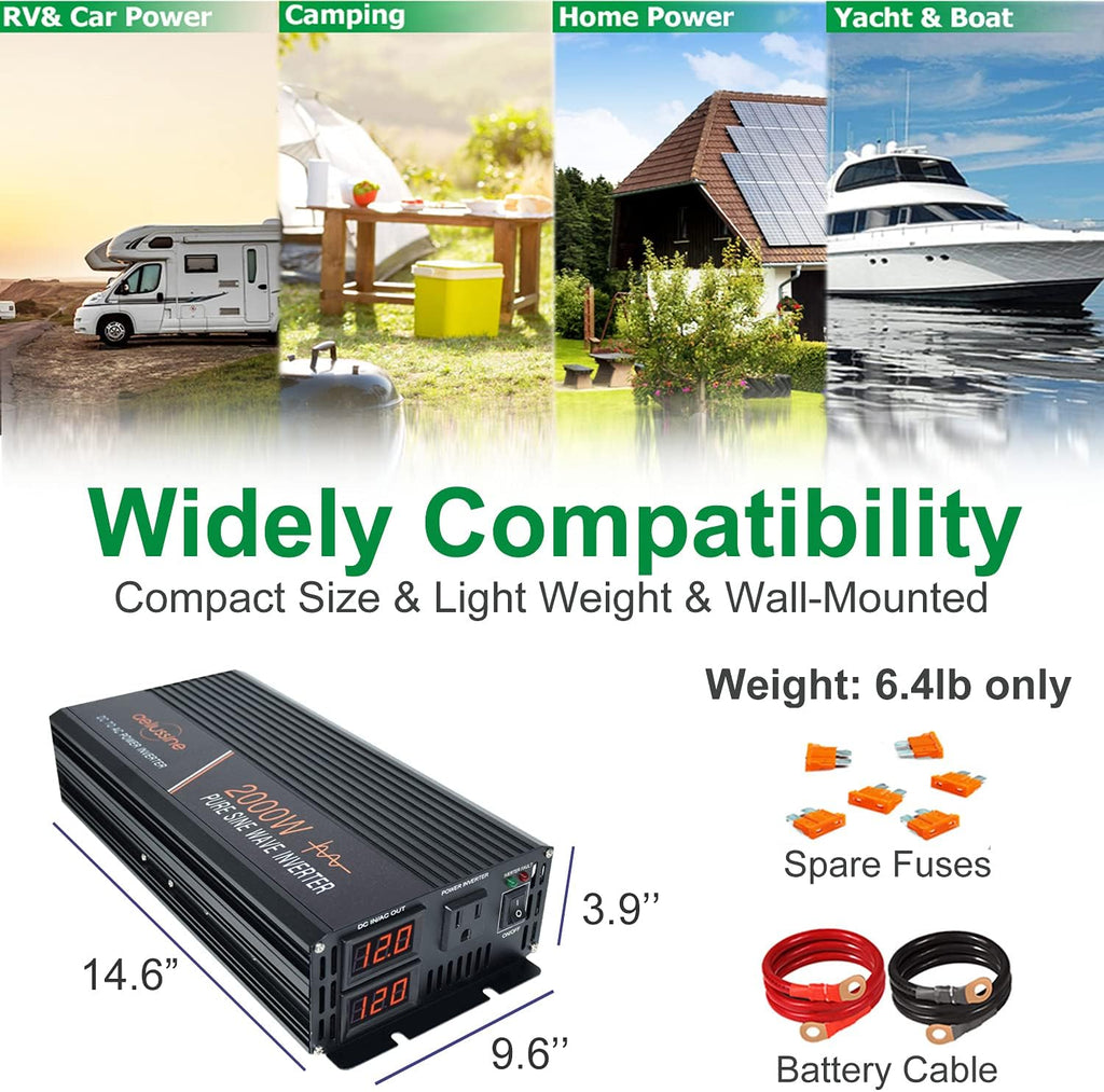 Pure Sine Wave Power Inverter 1000W 12V DC to AC 120V Surge 2000 Watt with LED Display V508