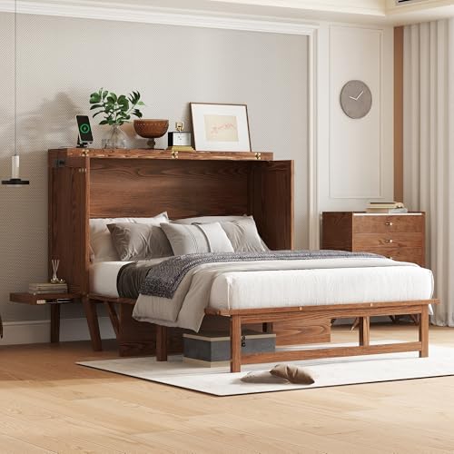 Full Size Murphy Cabinet Bed with USB Port and Removable Shelves, Solid Pine Wood P8540