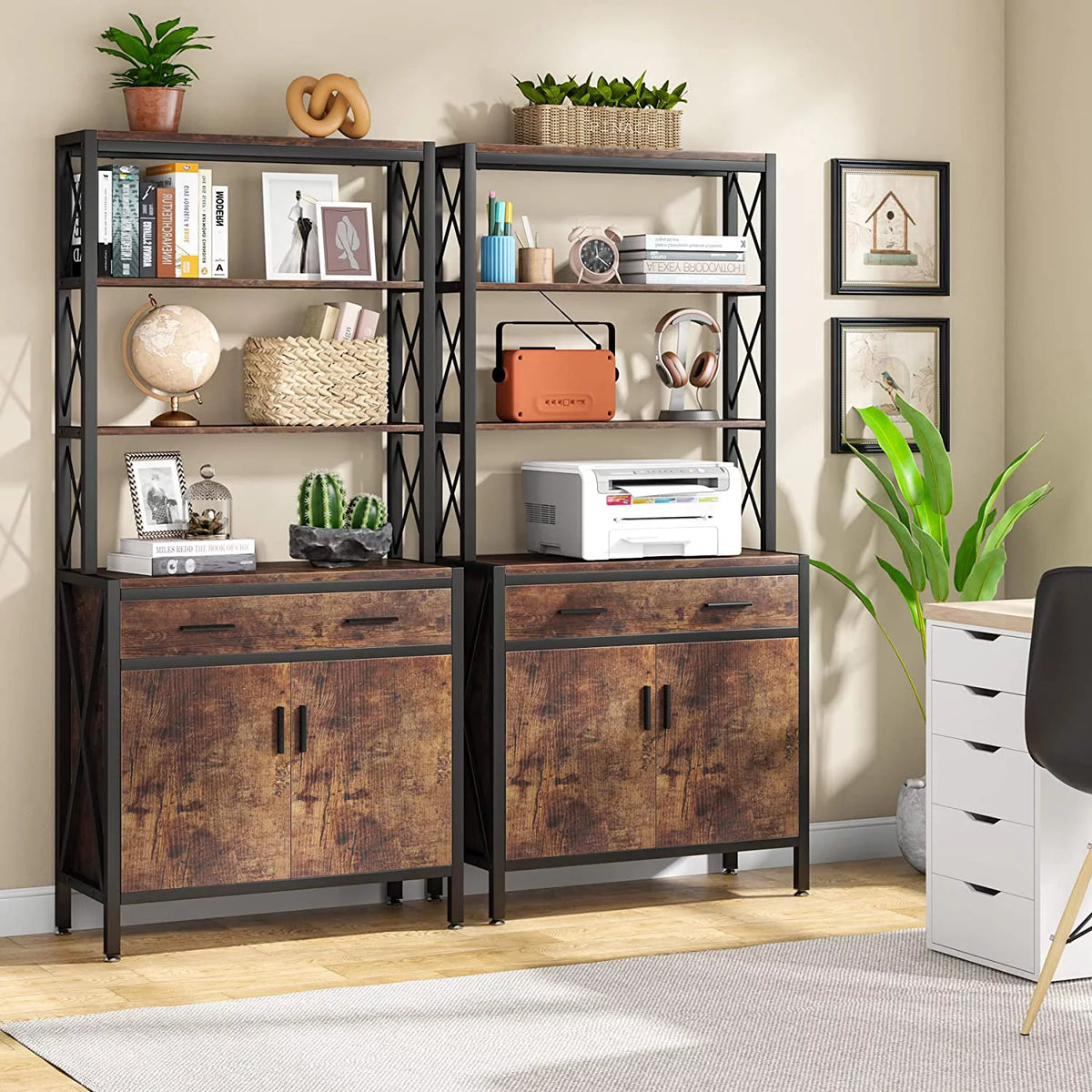 Tall Industrial Bookshelf with Drawer and Doors V648879