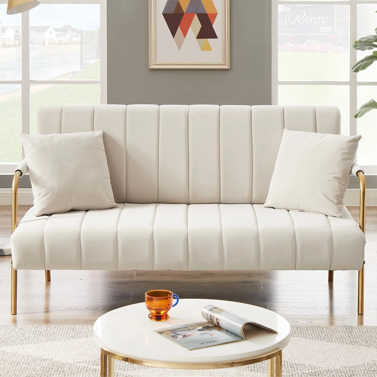 Velvet Upholstered Loveseat Sofa with 2 Throw Pillows H54784