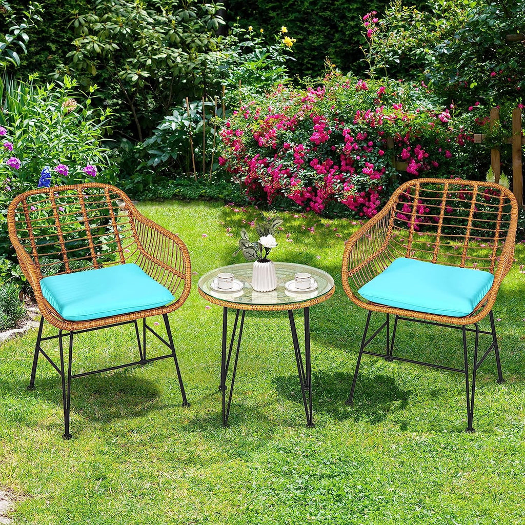 3 Pieces Rattan Patio Bistro Set with Glass Coffee Table T374