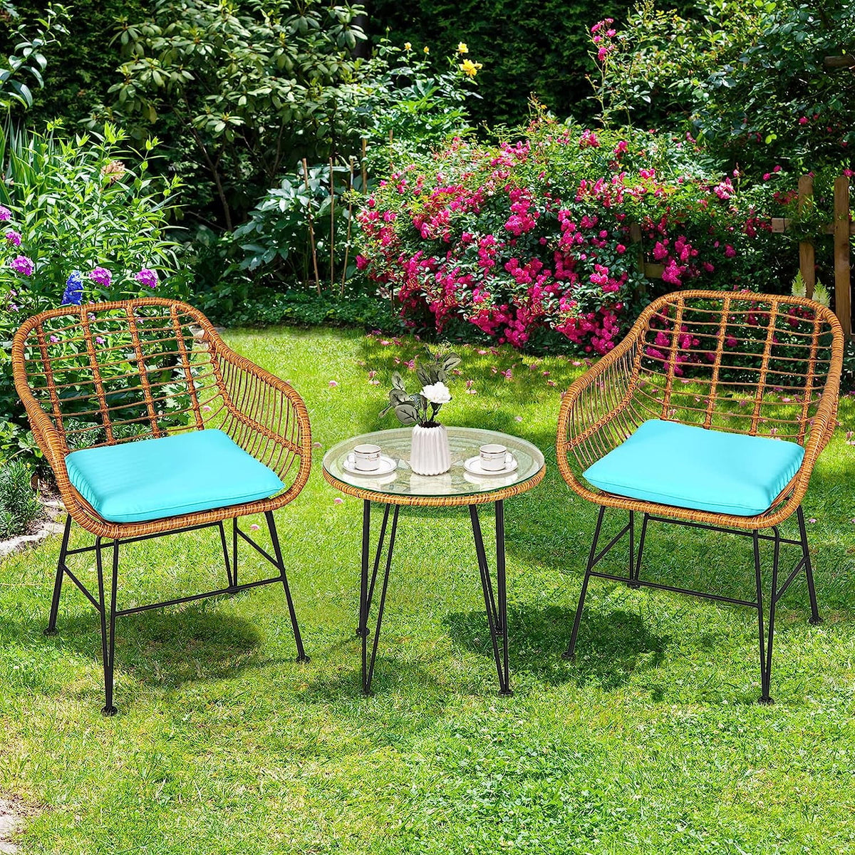3 Pieces Rattan Patio Bistro Set with Glass Coffee Table T374
