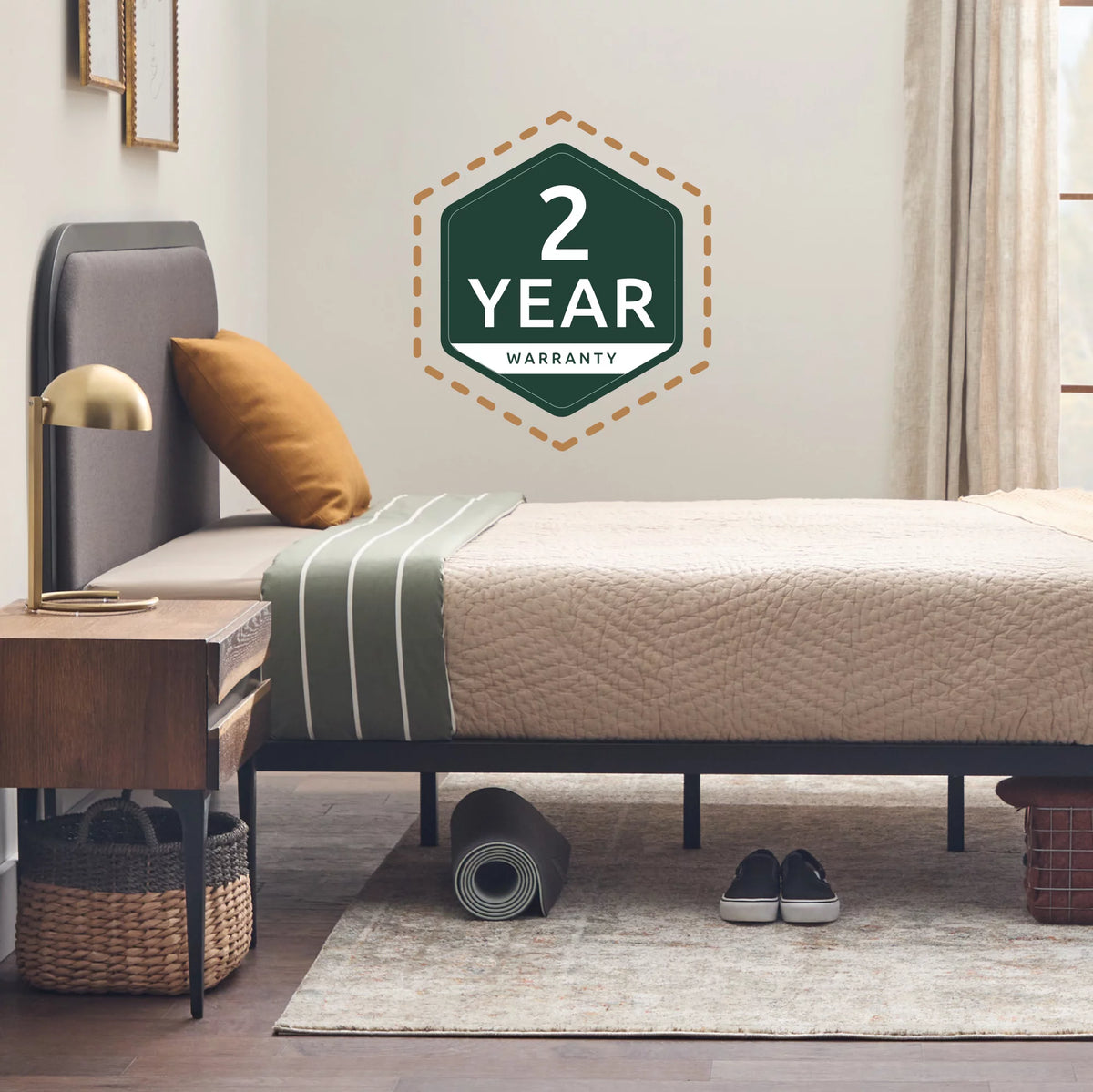 Queen Cream Metal Platform Bed with Upholstered Headboard O324646