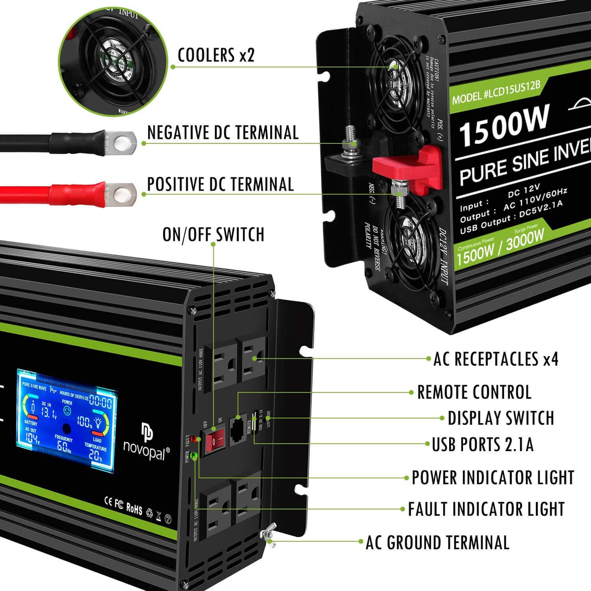 1500 Watt Pure Sine Wave Power Inverter DC 12V to 110V/120V with 4 AC Outlets USB Port Remote Control LCD Display Z5869