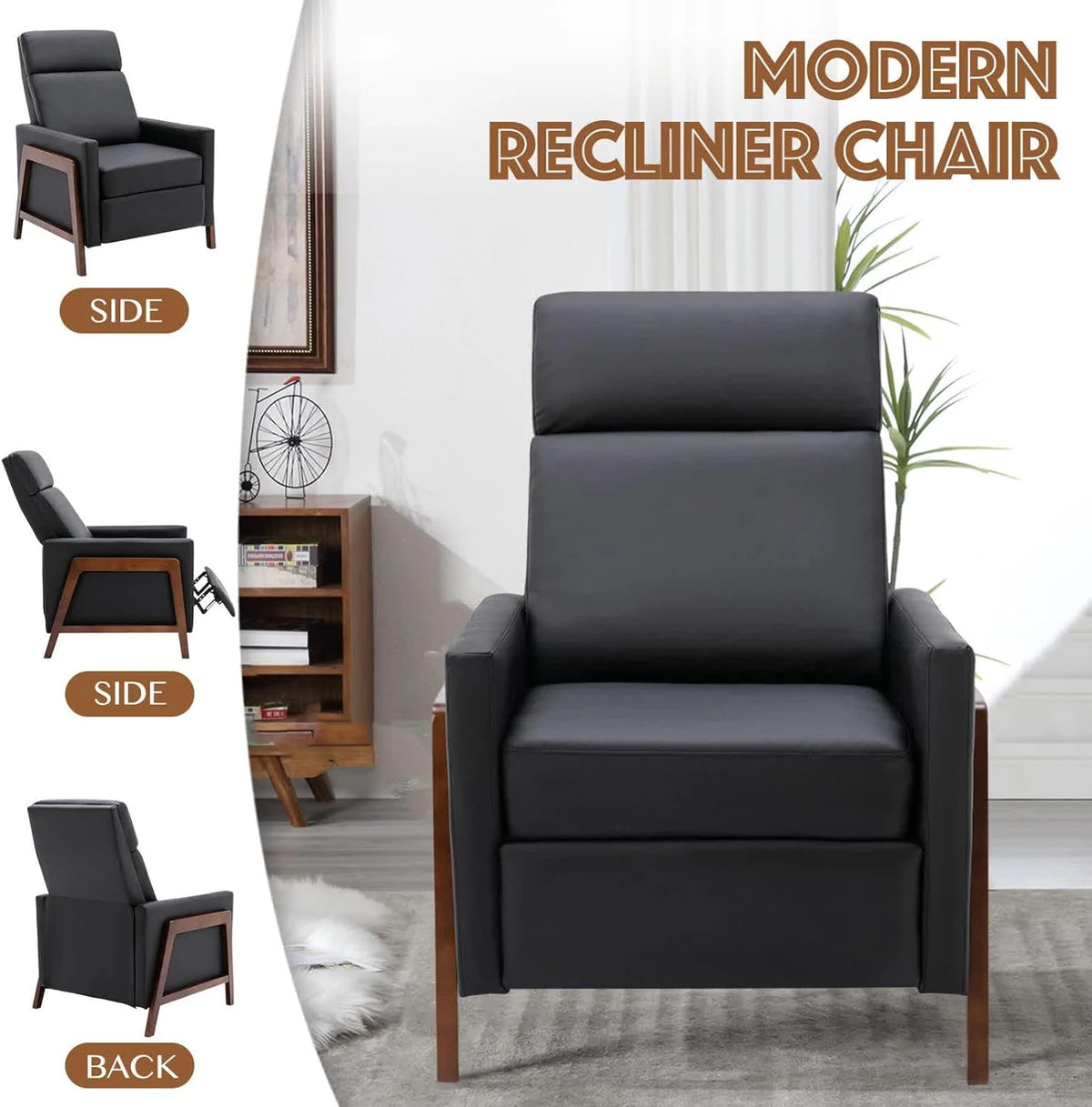 Black PU Leather Recliner Chair with Thick Cushion G9344