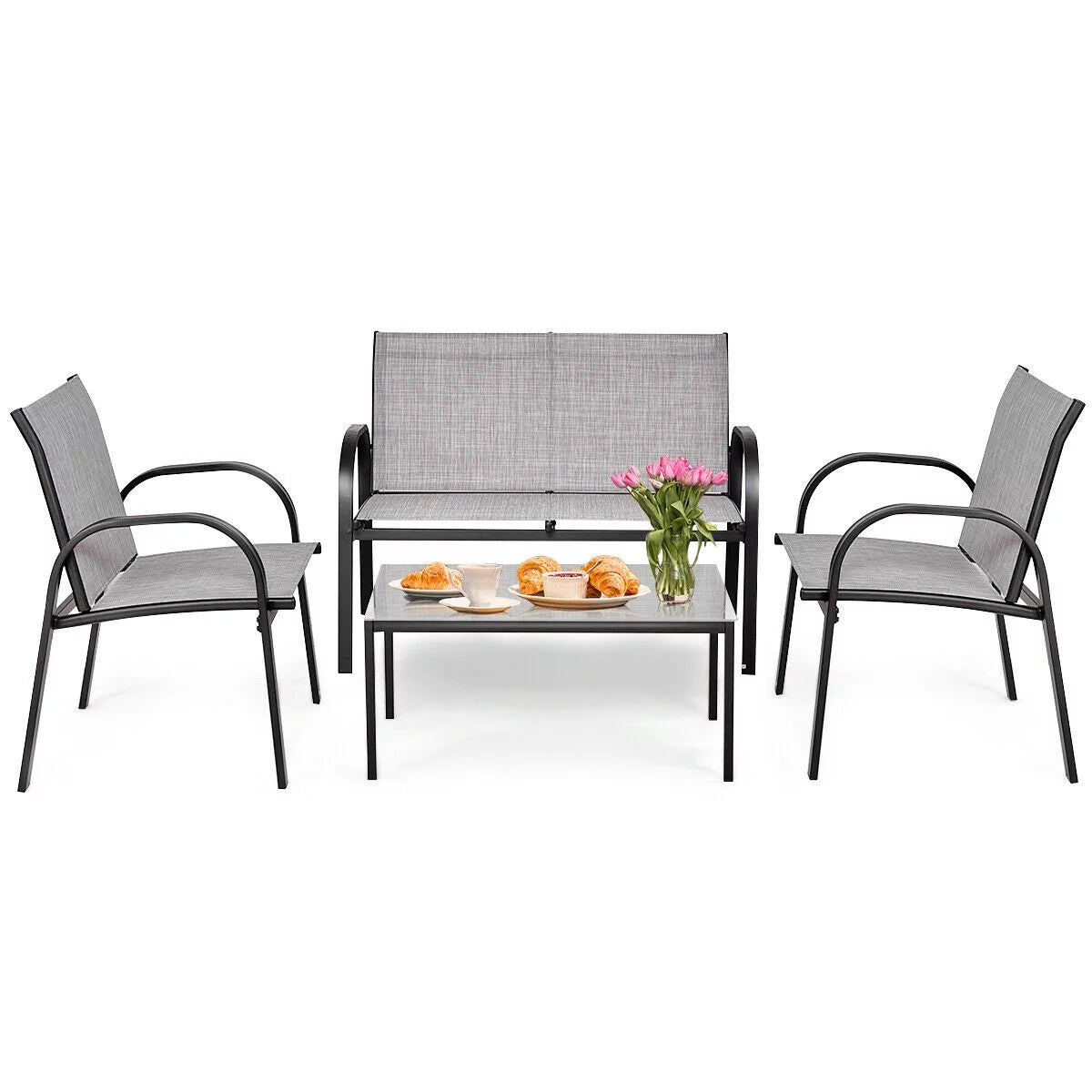 4 PCS Patio Furniture Set Sofa Coffee Table Gray N31913