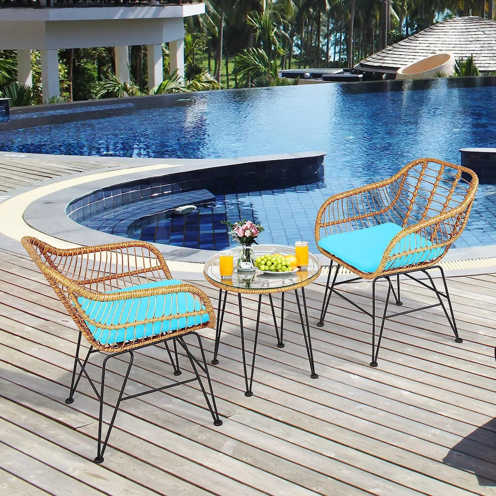 3 Pieces Rattan Patio Bistro Set with Glass Coffee Table T374