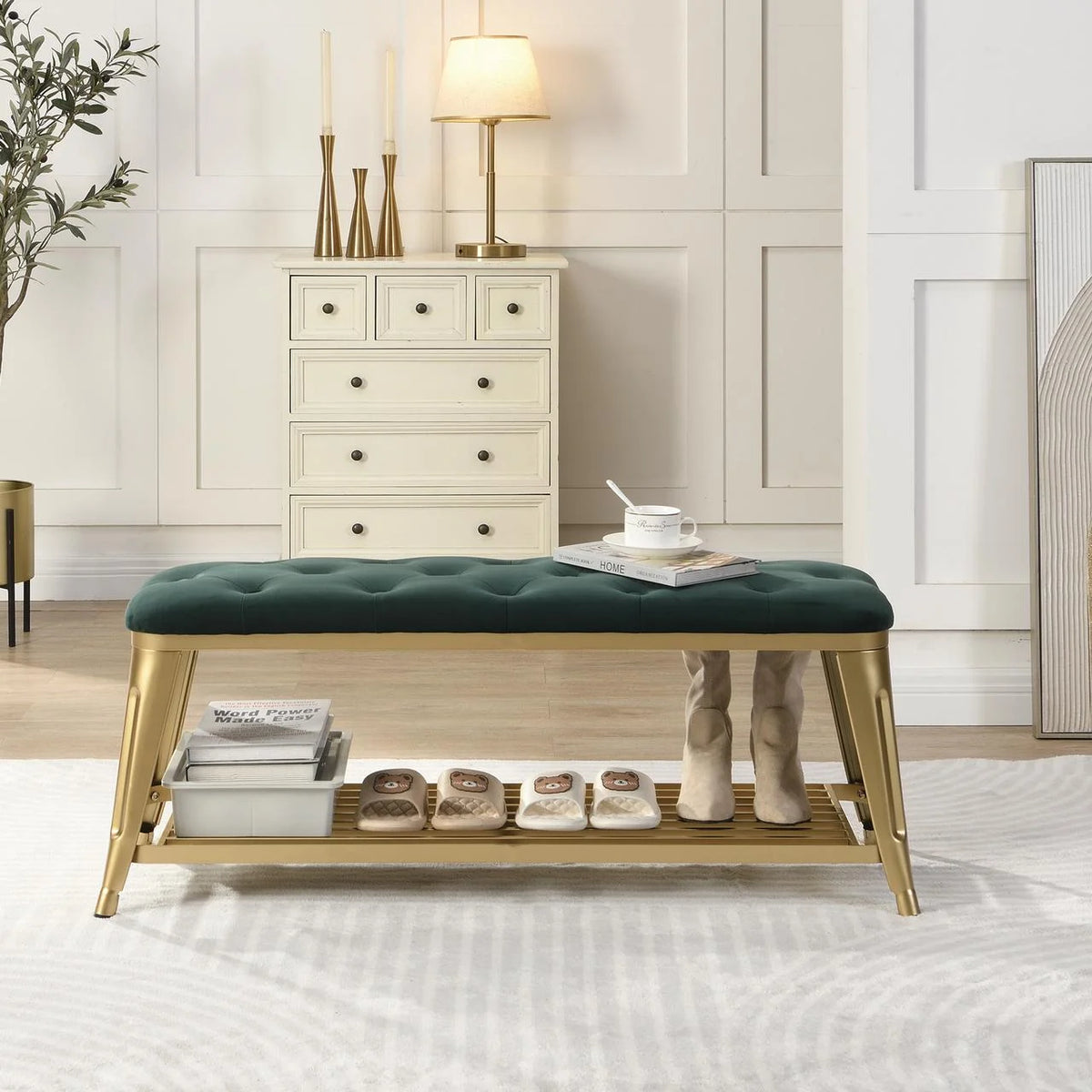 Shoe Storage Bench with Velvet Seat and Gold Legs B989
