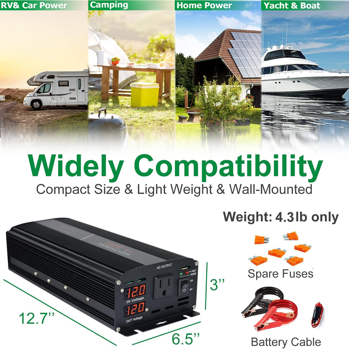 Pure Sine Wave Power Inverter 1000W 12V DC to AC 120V Surge 2000 Watt with LED Display V508