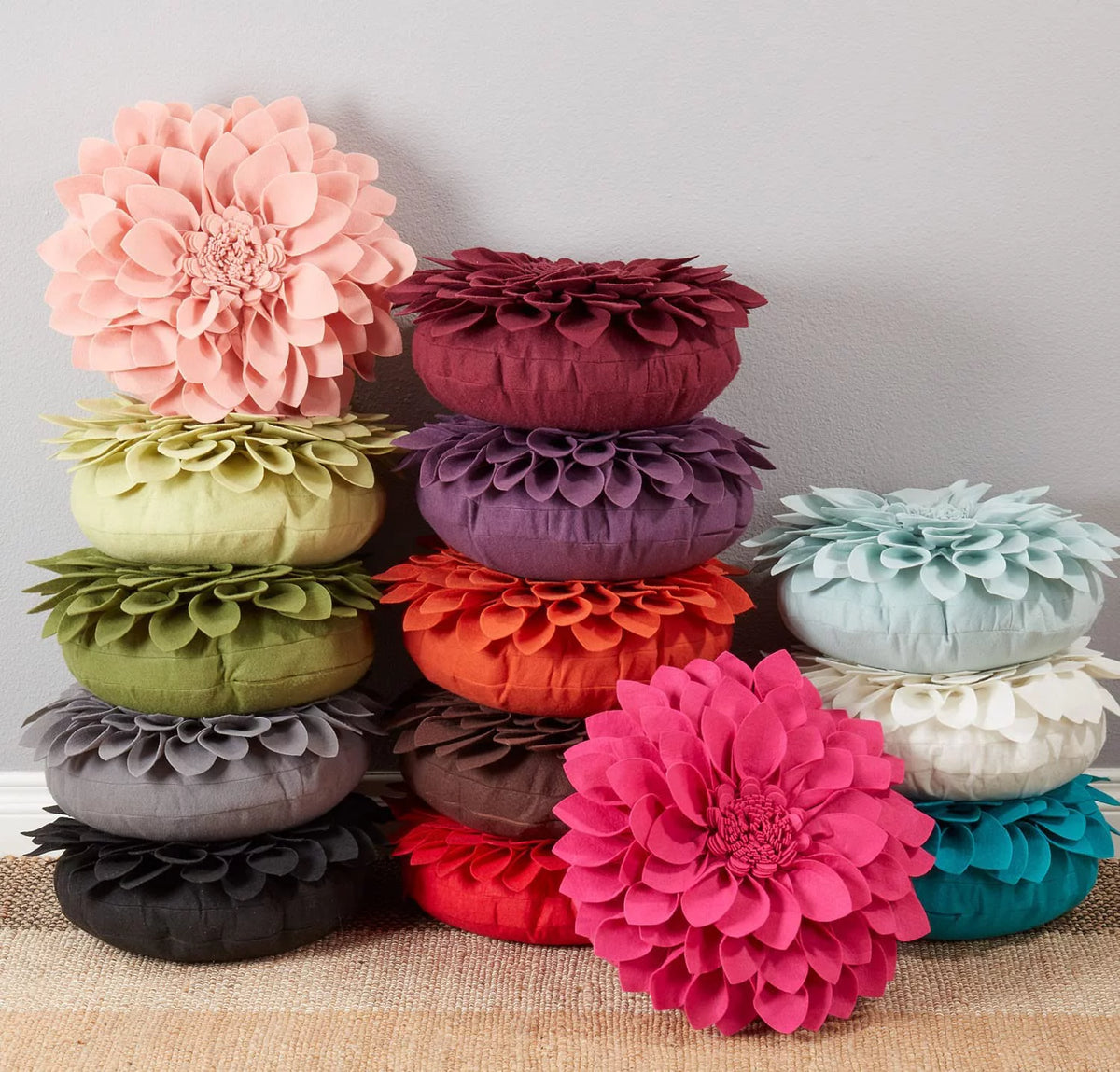 3D Petals Flower Filled Decorative Throw Pillow 16" Round Lime Floral Felt Accent Pillow E928