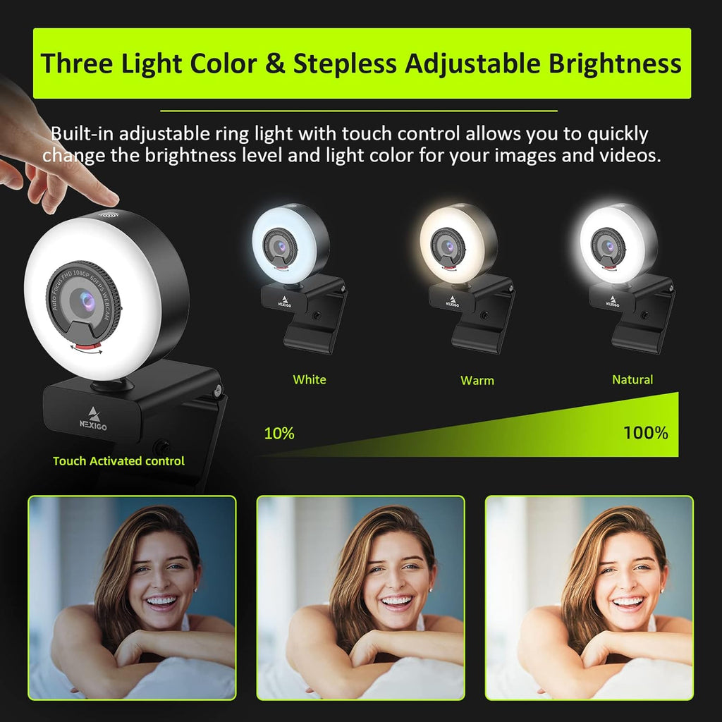 1080P 60FPS Webcam with Light, AutoFocus, Privacy Cover, USB Web Camera, Dual Stereo Microphone I2083