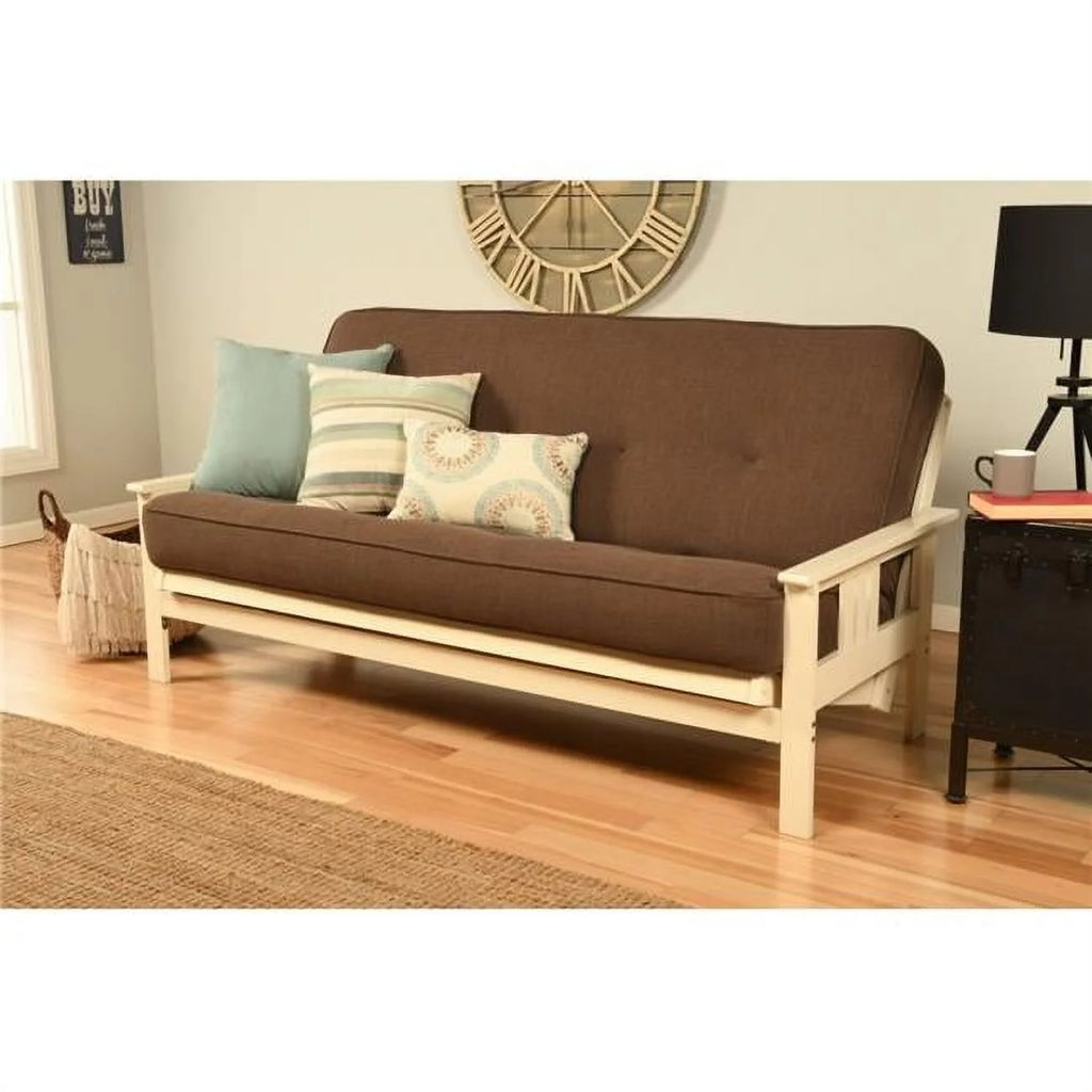 Antique White Full Size Futon Frame with Linen Cocoa Mattress B521