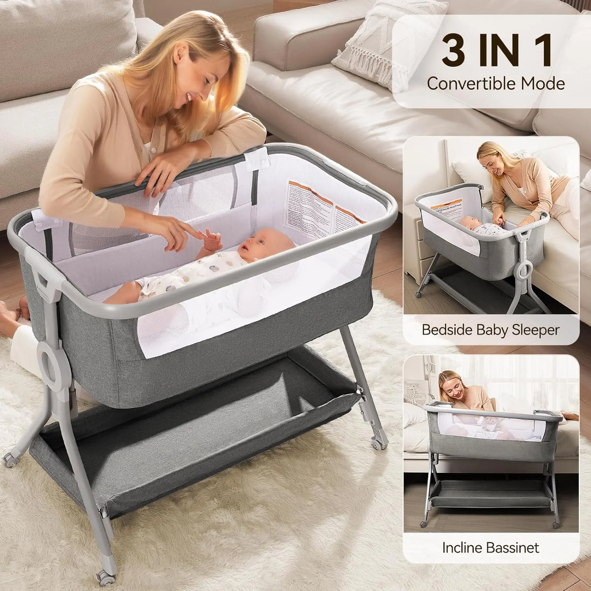 3 in 1 Baby Bassinet Bedside Sleeper with Mattress T96934