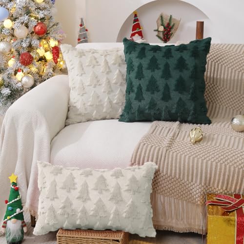 Christmas Tree Pillow Covers 18x18 inch Set of 2 Beige Plush Faux Fur Jacquard Throw Pillows L9785