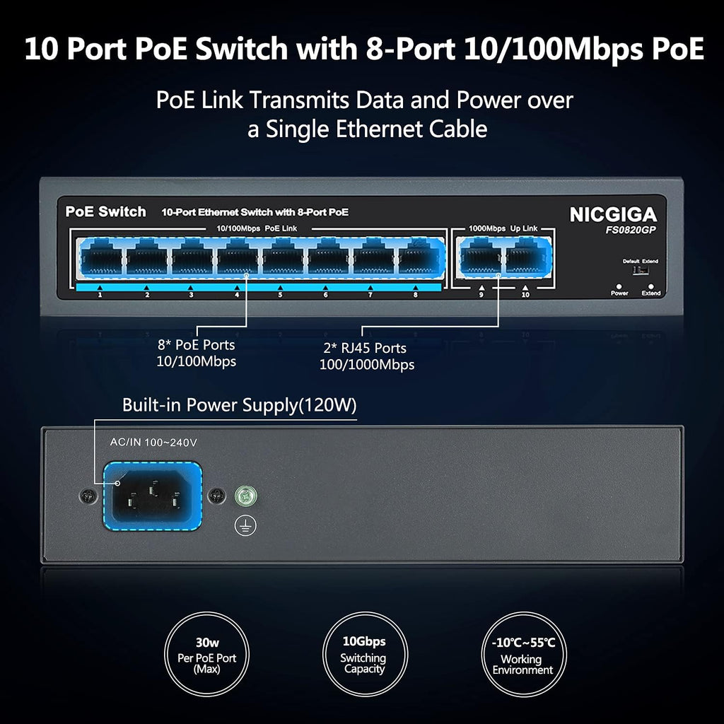 10 Port PoE Switch, 8 Ports PoE+ 100Mbps with 2 Gigabit Uplink, 120W, Metal Fanless Housing, Unmanaged, Pack of 2 P3096