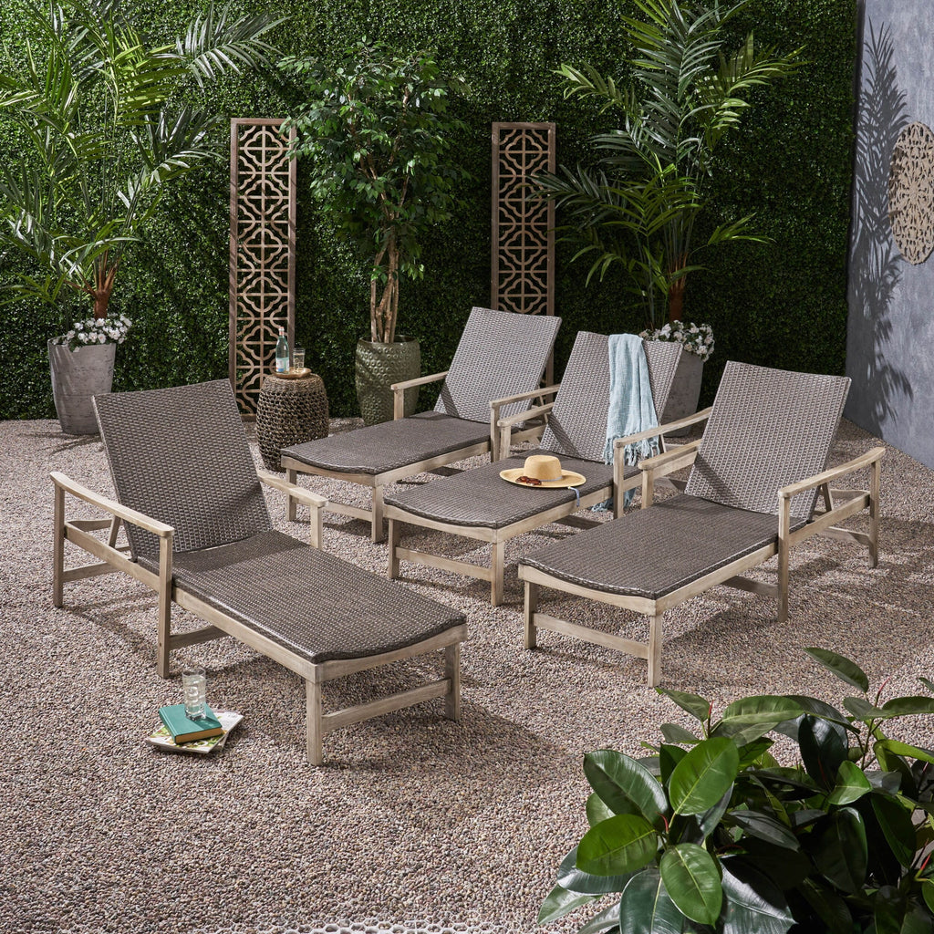 Rustic Acacia Wood Chaise Lounge with Wicker Seating Set of 4 W50321