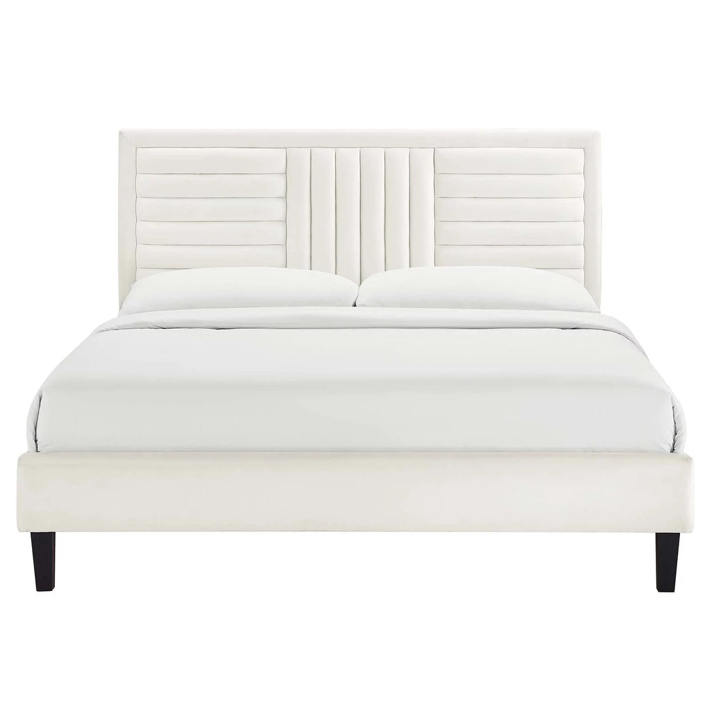 White Channel Tufted Performance Velvet Queen Platform Bed J3661