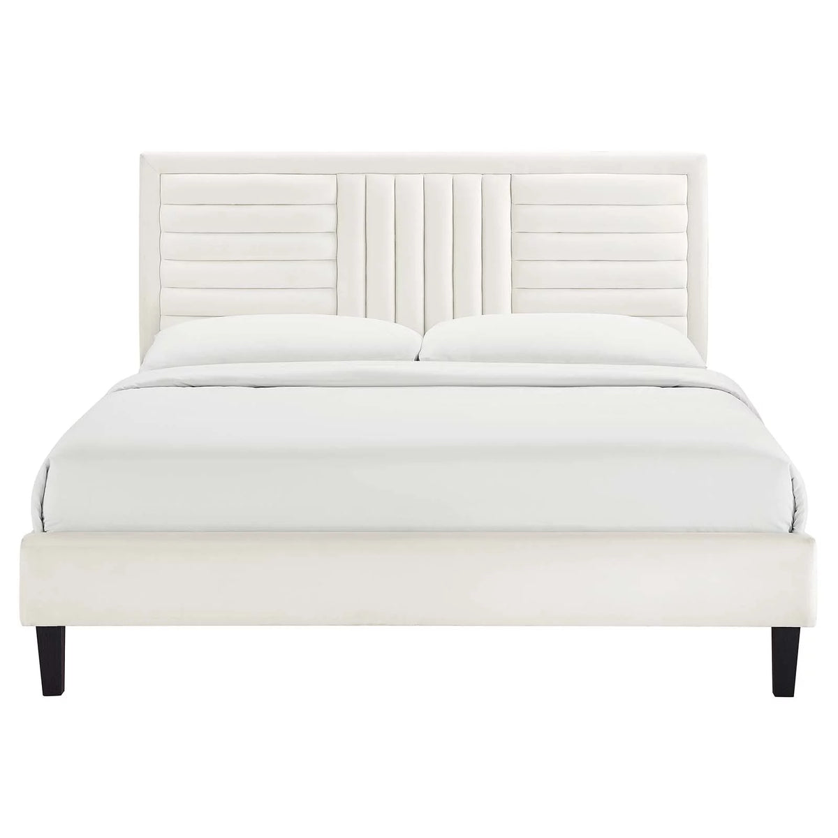 White Channel Tufted Performance Velvet Queen Platform Bed J3661