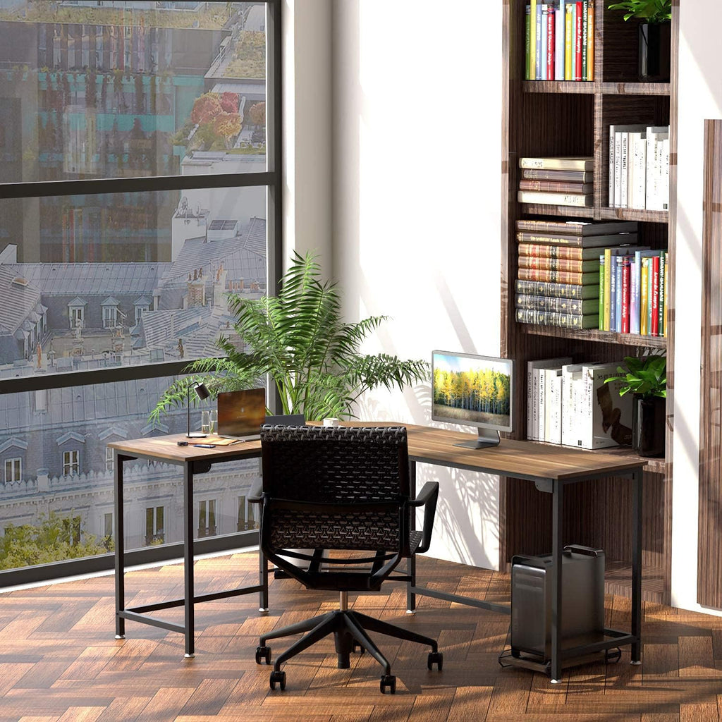 Reversible L Shaped Desk Corner Computer Desk with Webcam Wood Metal Teak Black E5596