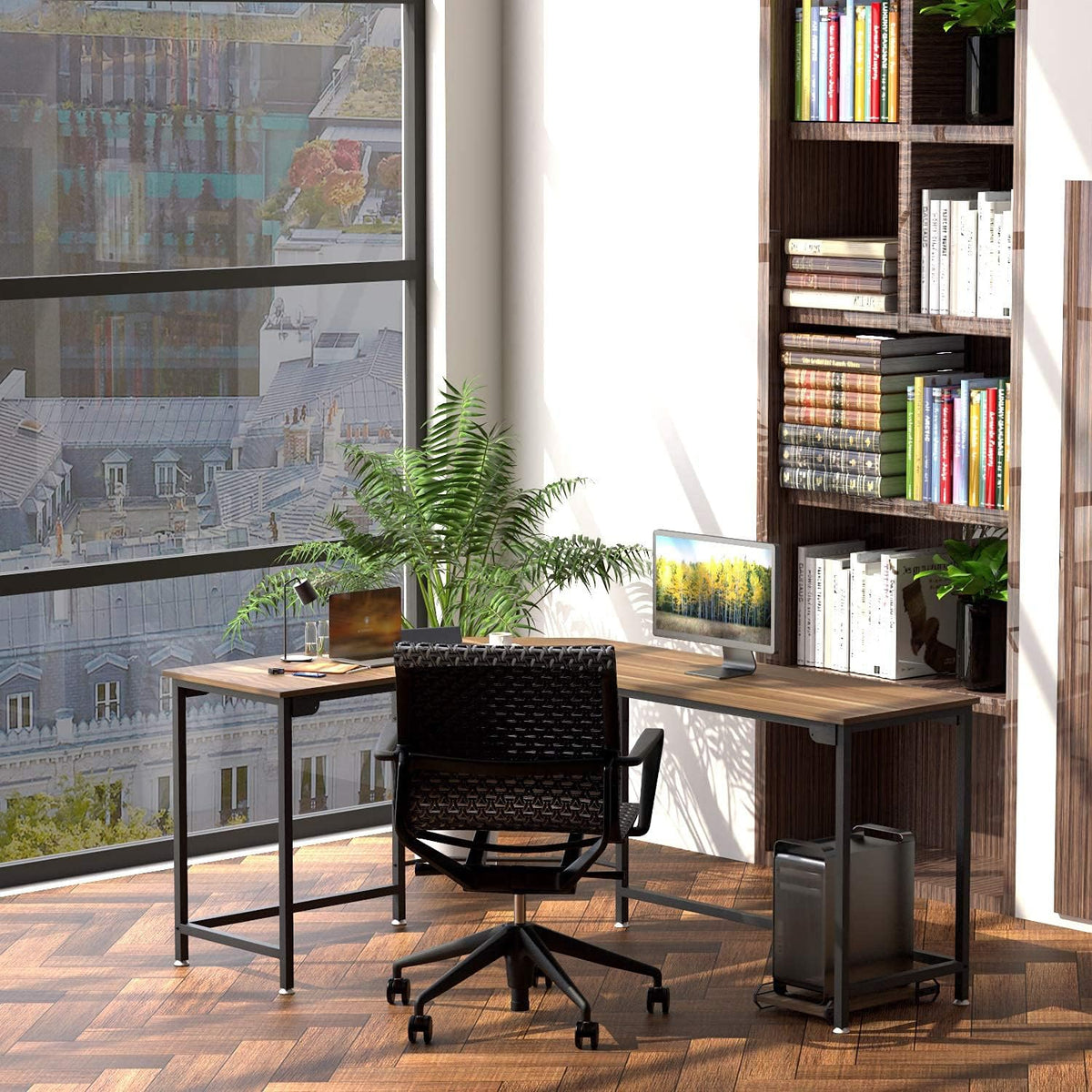 Reversible L Shaped Desk Corner Computer Desk with Webcam Wood Metal Teak Black E5596