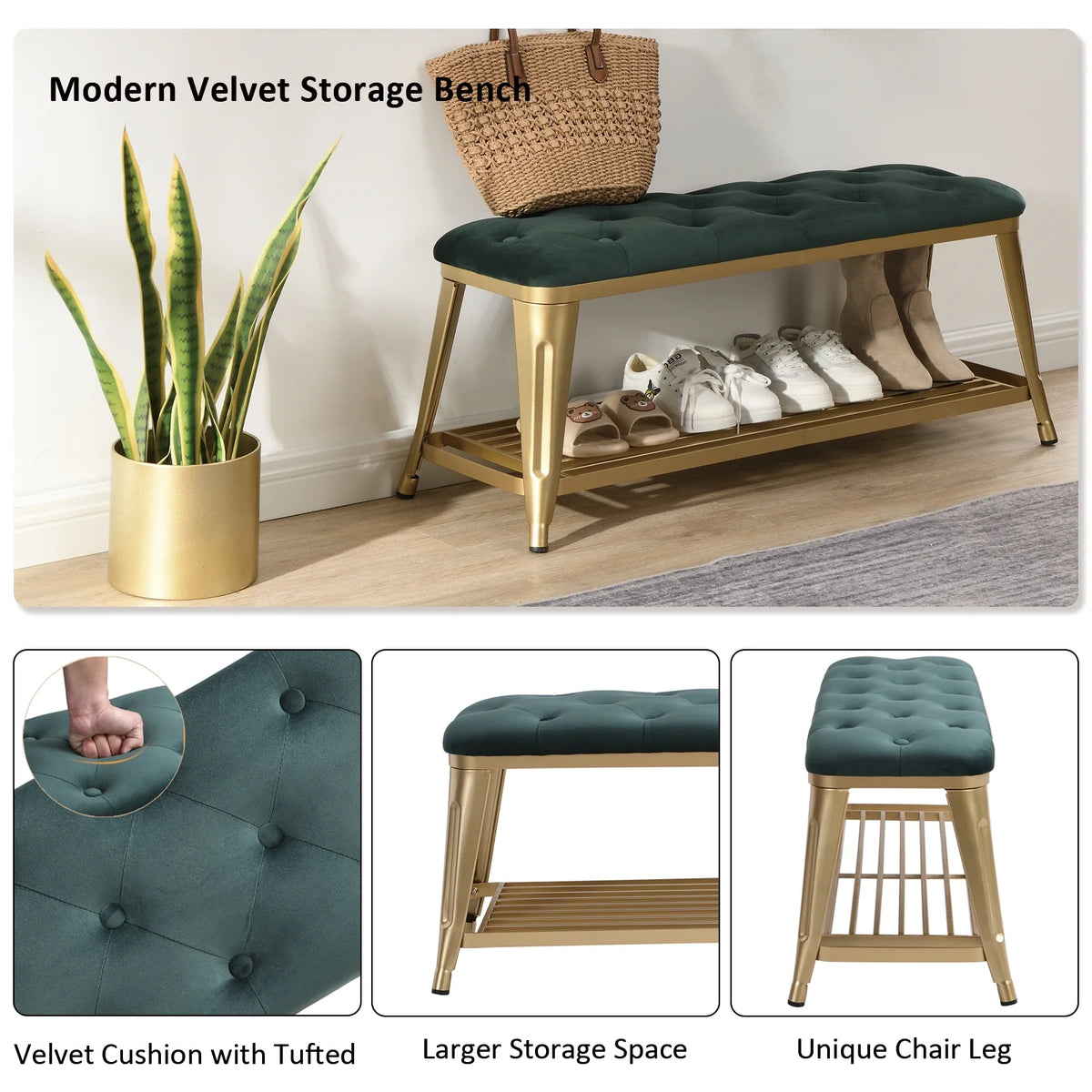 Shoe Storage Bench with Velvet Seat and Gold Legs B989