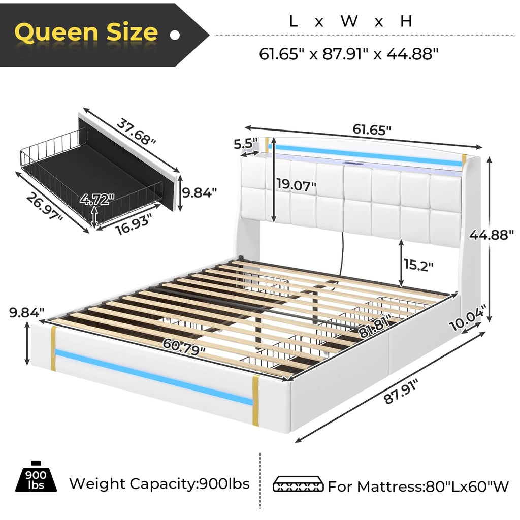 Queen Bed Frame with LED Lights and Charging Station, Upholstered Platform Bed Frame with Hidden Storage and 4 Drawers, Black O676