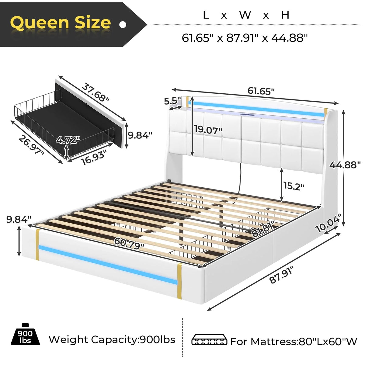 Queen Bed Frame with LED Lights and Charging Station, Upholstered Platform Bed Frame with Hidden Storage and 4 Drawers, Black O676