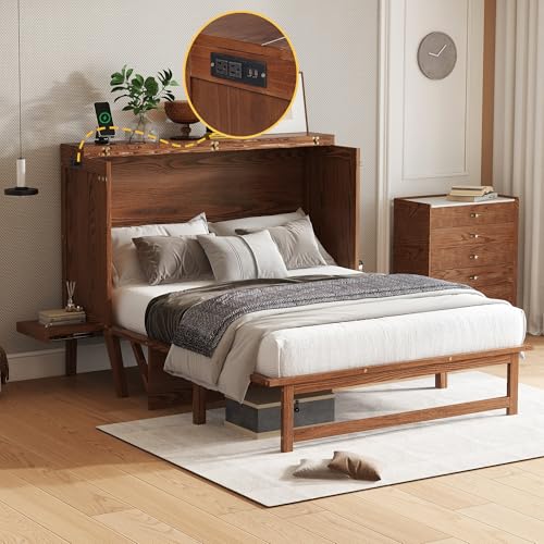 Full Size Murphy Cabinet Bed with USB Port and Removable Shelves, Solid Pine Wood P8540