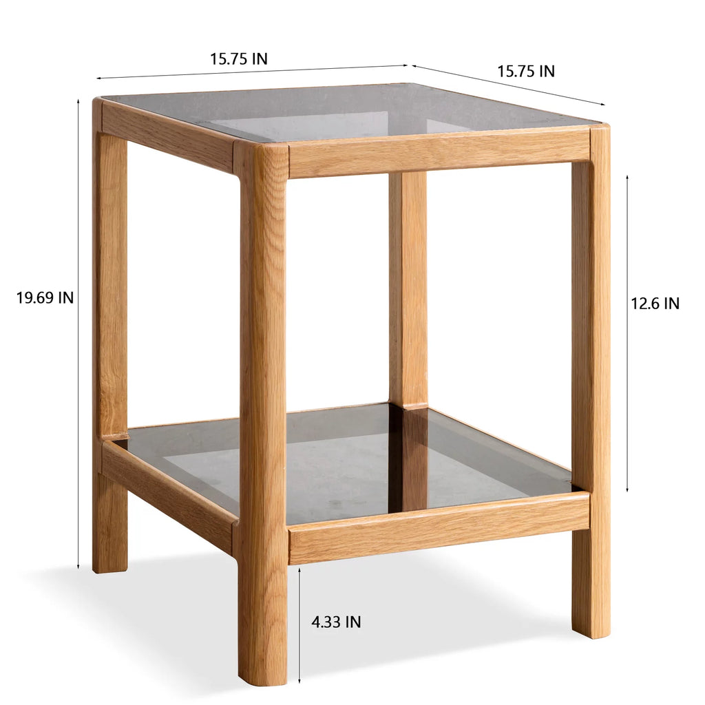 Natural Oak Wood End Table with Tempered Glass D4712