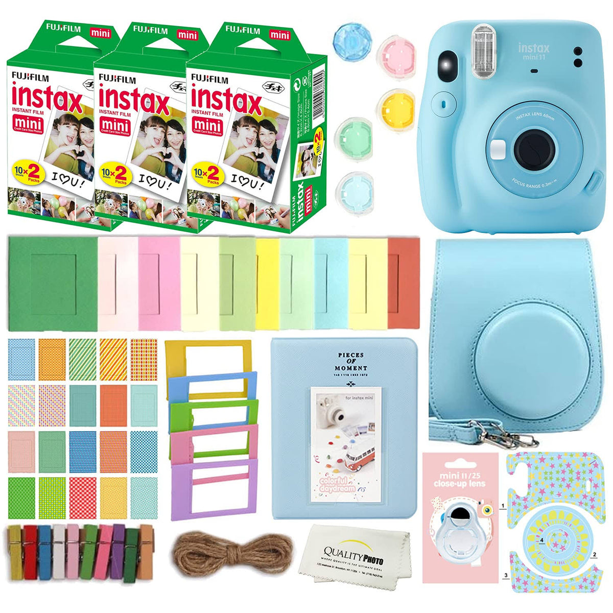 Instax Mini 11 Instant Camera with Case, 60 Films, and Accessory Kit Sky Blue L2746