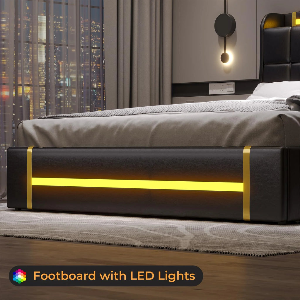Queen Bed Frame with LED Lights and Charging Station, Upholstered Platform Bed Frame with Hidden Storage and 4 Drawers, Black O676