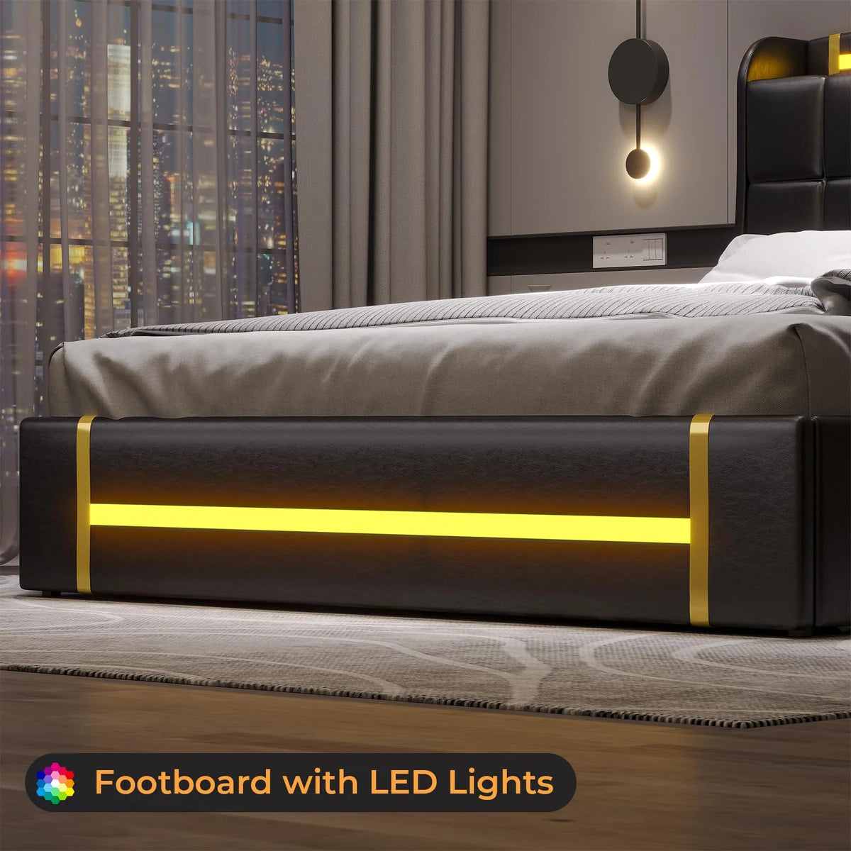 Queen Bed Frame with LED Lights and Charging Station, Upholstered Platform Bed Frame with Hidden Storage and 4 Drawers, Black O676