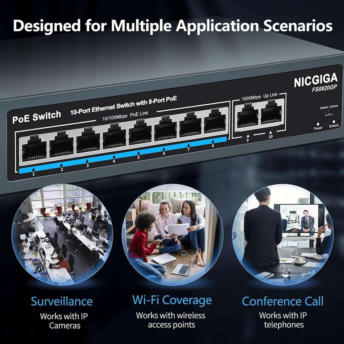 10 Port PoE Switch, 8 Ports PoE+ 100Mbps with 2 Gigabit Uplink, 120W, Metal Fanless Housing, Unmanaged, Pack of 2 P3096