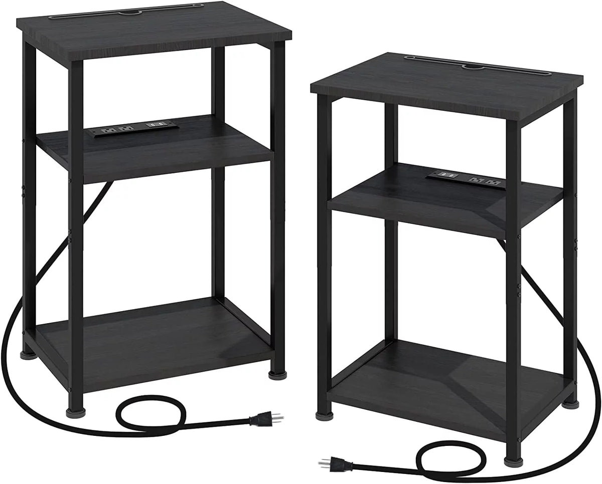 Nightstands Set of 2 with Charging Station and Storage Shelf S25040