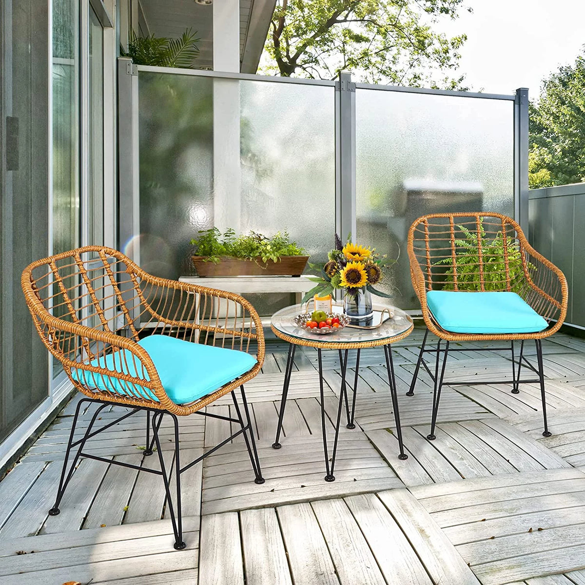 3 Pieces Rattan Patio Bistro Set with Glass Coffee Table T374