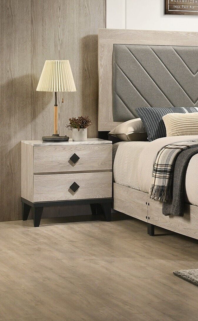 King Size Bed and 2 Nightstands Cream Wooden Tufted Headboard 3pc Set Z640