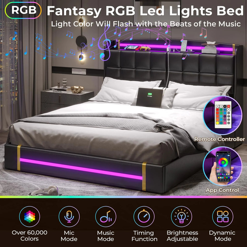 Queen Bed Frame with LED Lights and Charging Station, Upholstered Platform Bed Frame with Hidden Storage and 4 Drawers, Black O676