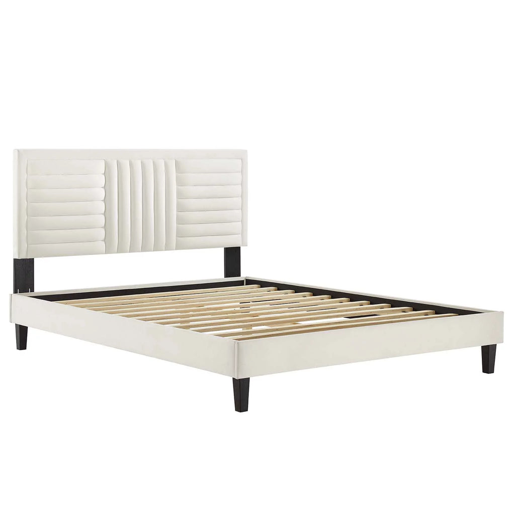 White Channel Tufted Performance Velvet Queen Platform Bed J3661