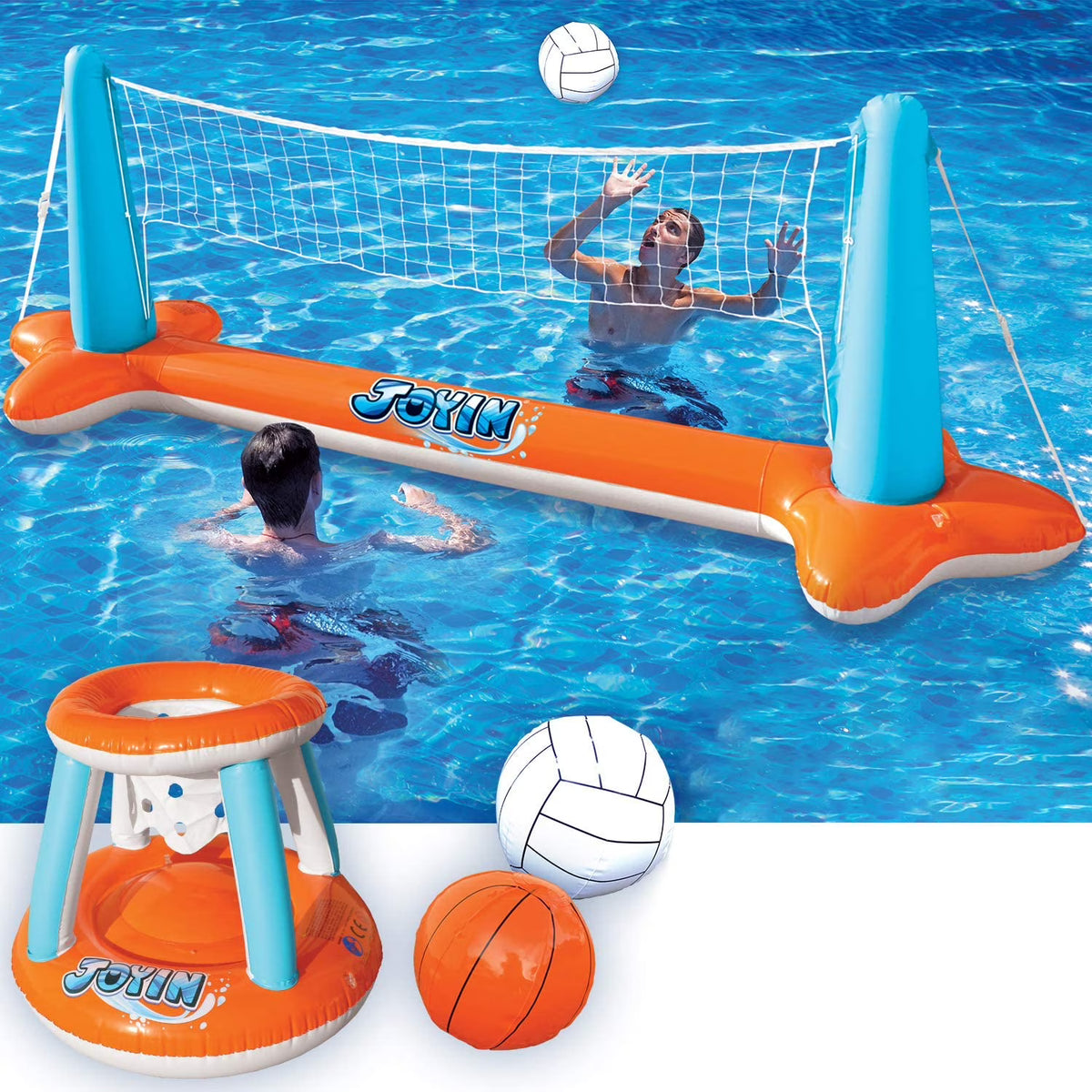 Inflatable Pool Float Set with Volleyball Net & Basketball Hoops, Balls Included Y12020