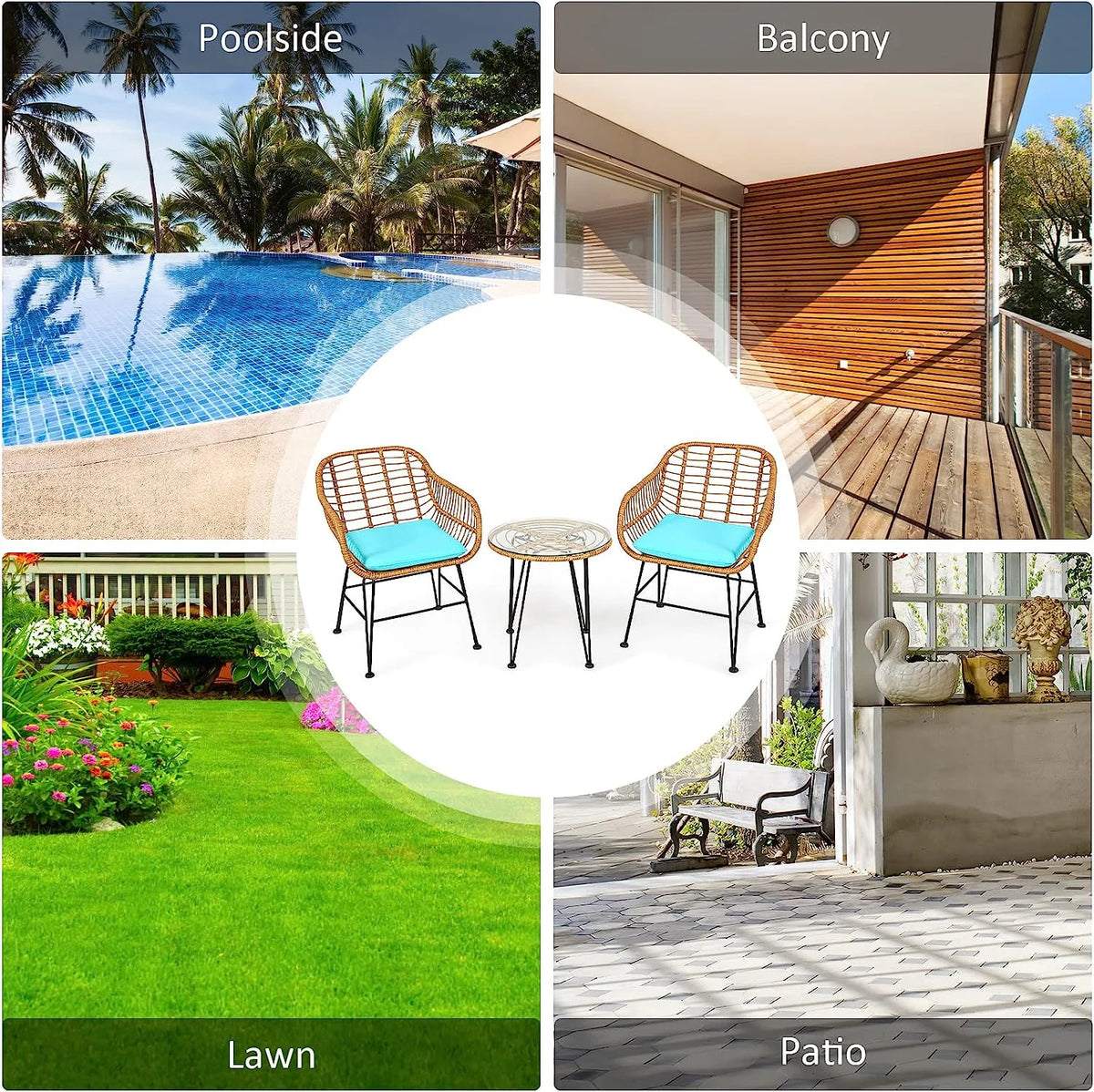 3 Pieces Rattan Patio Bistro Set with Glass Coffee Table T374