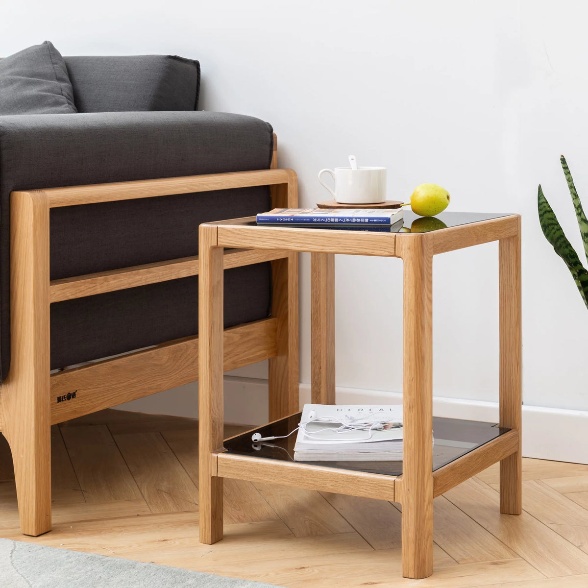 Natural Oak Wood End Table with Tempered Glass D4712