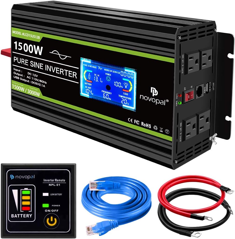 1500 Watt Pure Sine Wave Power Inverter DC 12V to 110V/120V with 4 AC Outlets USB Port Remote Control LCD Display Z5869