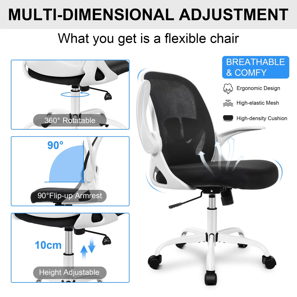 White Ergonomic Mesh Office Chair with Flip up Armrests S30332
