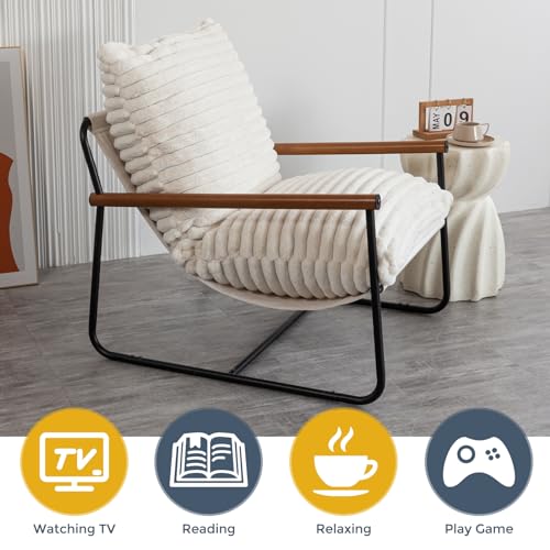 Sherpa Boucle Accent Chair with Wooden Arms B45547
