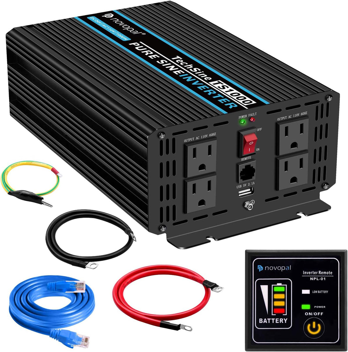 1500 Watt Pure Sine Wave Power Inverter DC 12V to 110V/120V with 4 AC Outlets USB Port Remote Control LCD Display Z5869