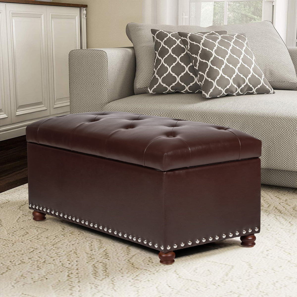 Brown Leather Rectangular Storage Bench Ottoman X7007