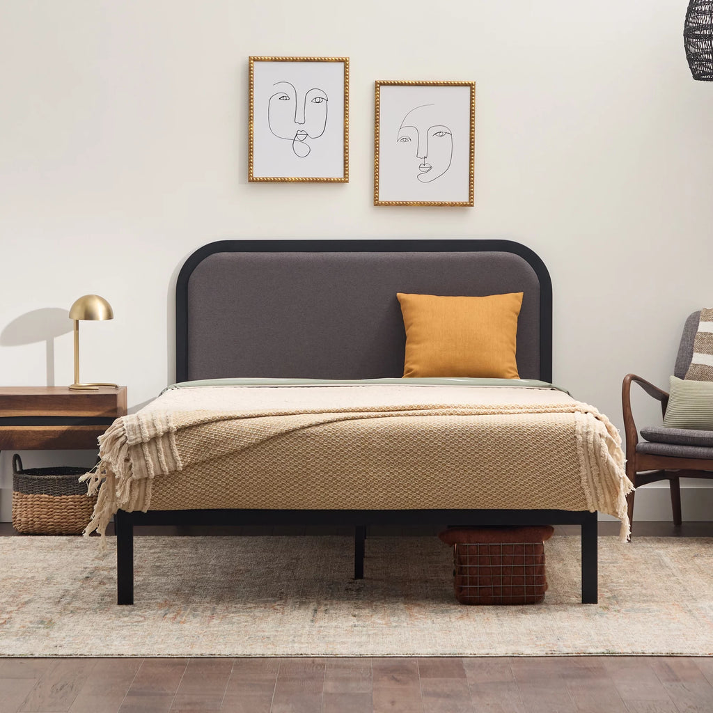 Queen Cream Metal Platform Bed with Upholstered Headboard O324646